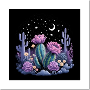 Cactus with Beautiful Flowers Starry Night Moon and Stars Posters and Art